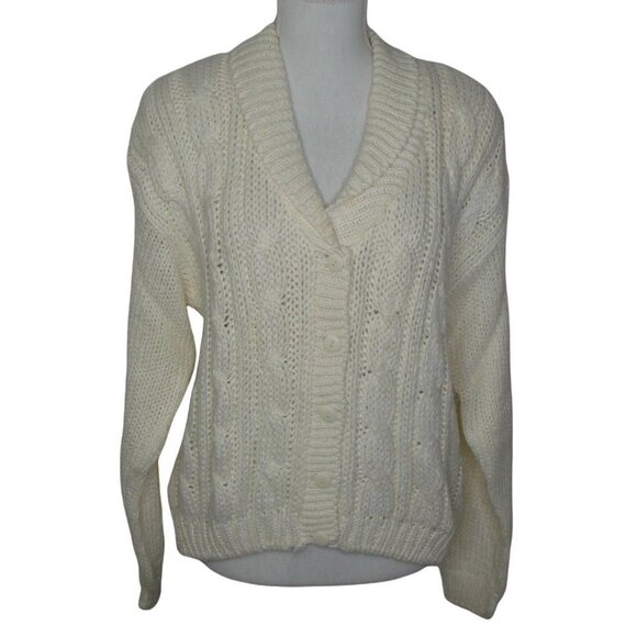 Vintage Allison Brittney Button Up Cardigan Sweater Ivory Shoulder Pads Sz Large - Picture 1 of 11